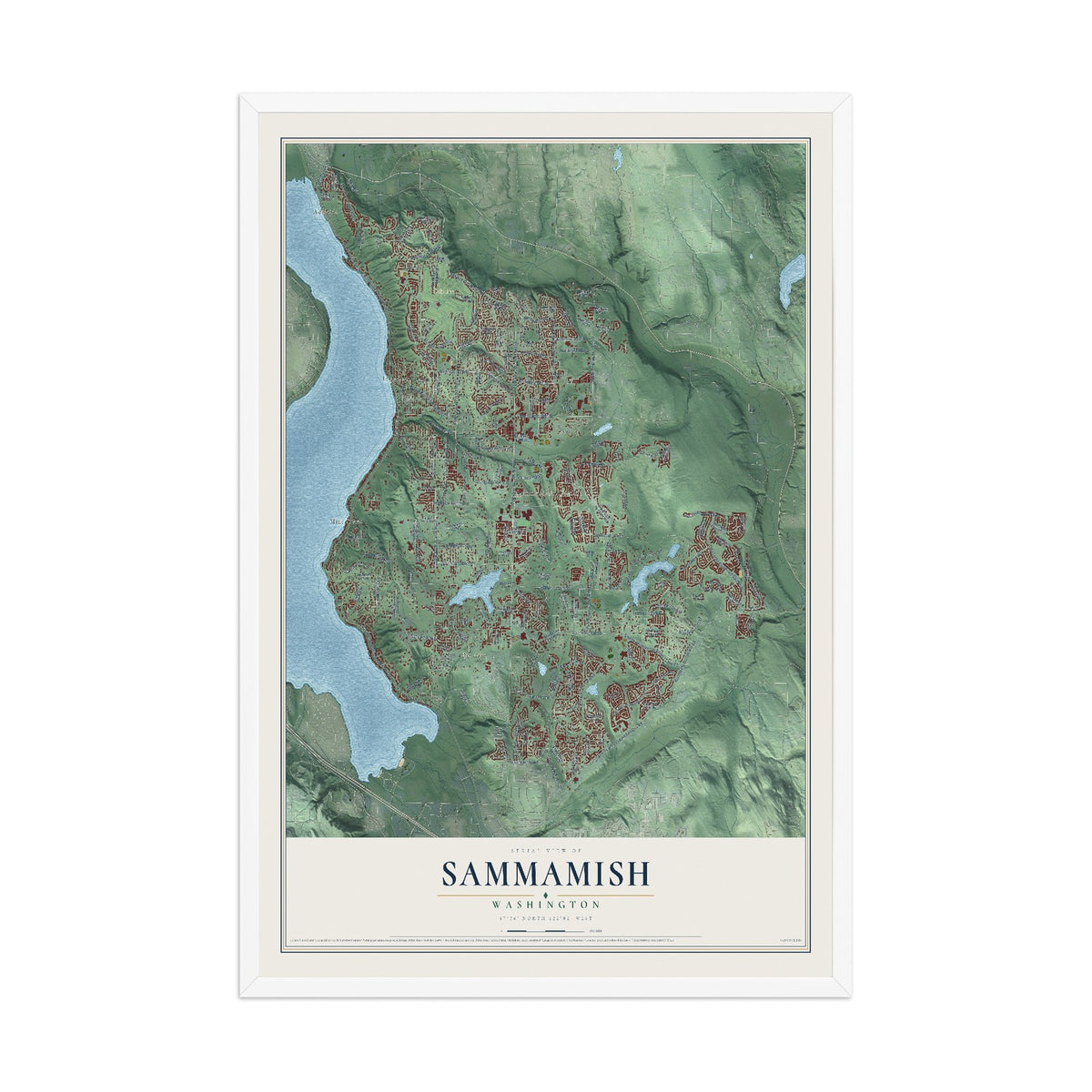 Map of Sammamish, Washington, 12 x 18 inch print in a white wood frame