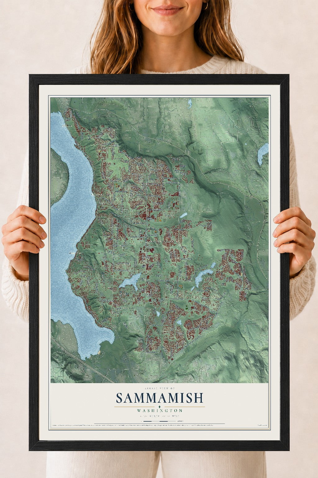 Map of Sammamish, Washington, 18 x 24 inch print in a black wood frame
