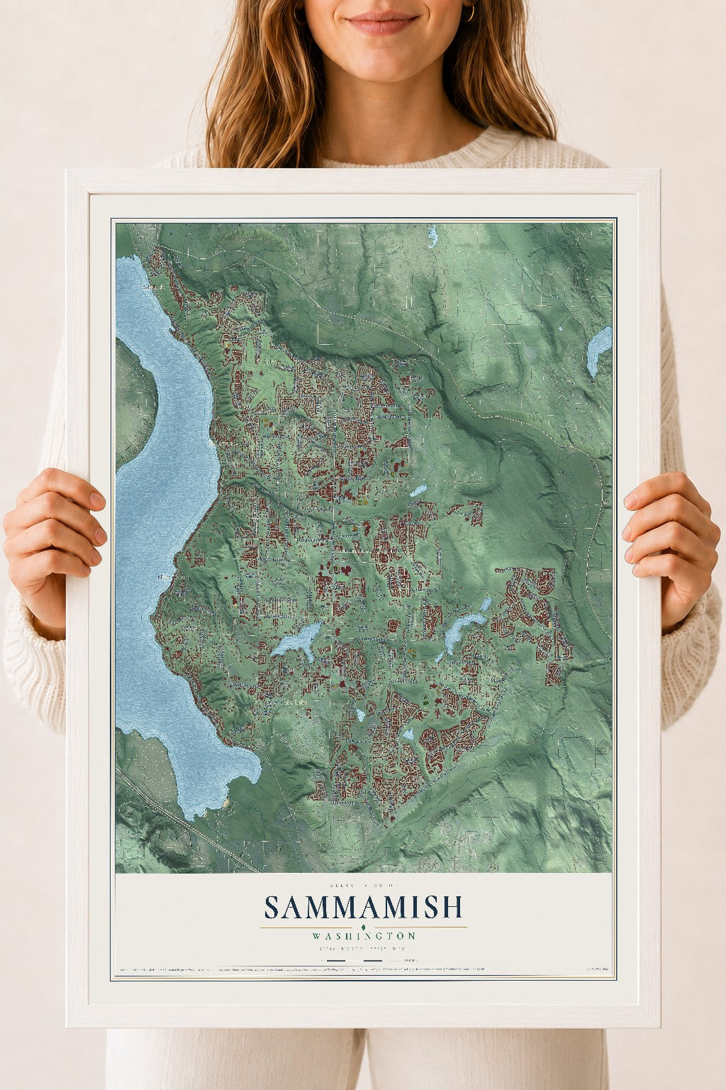 Map of Sammamish, Washington, 18 x 24 inch print in a white wood frame