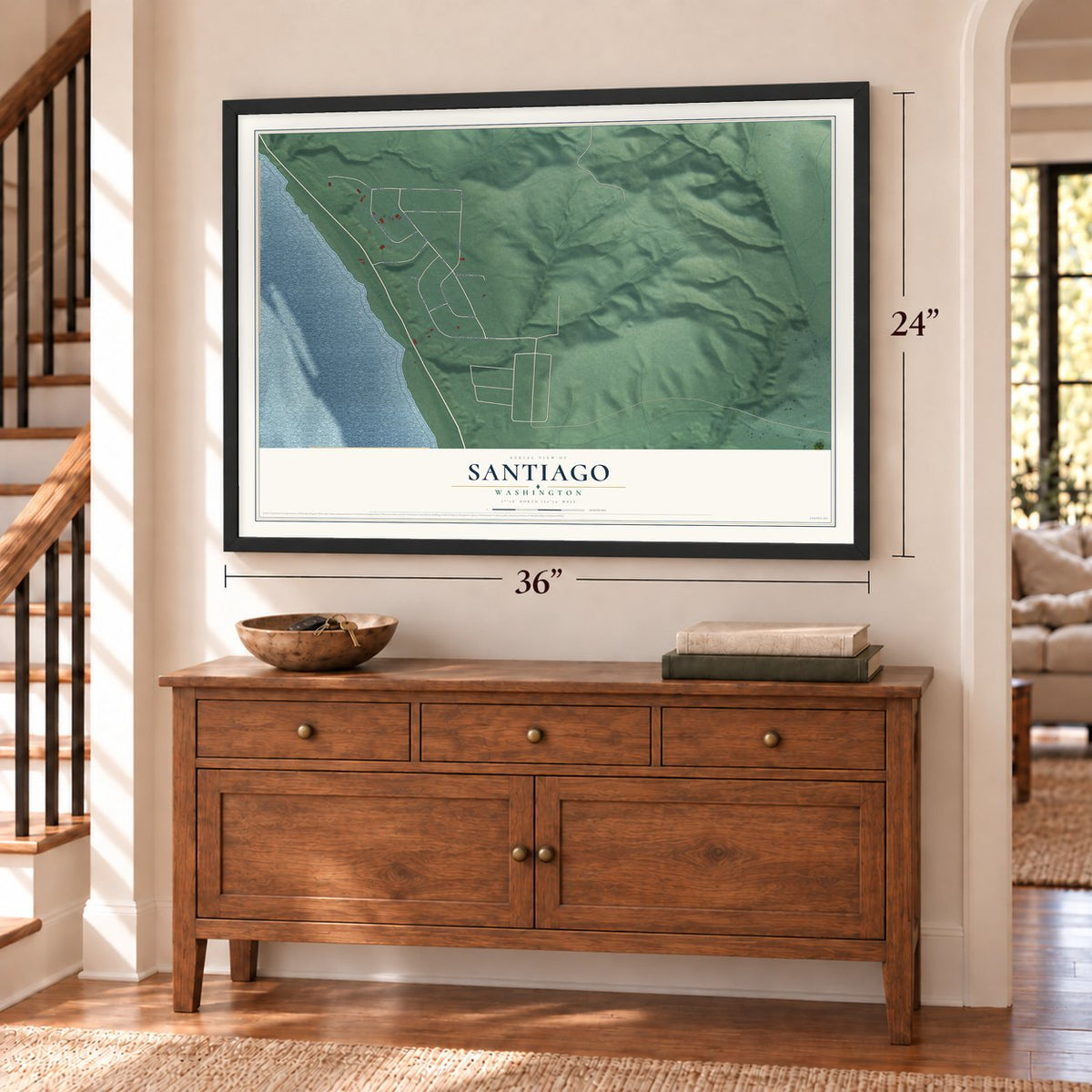 Santiago, Washington map, 24 x 36 inch print in a black frame above a dresser by a staircase