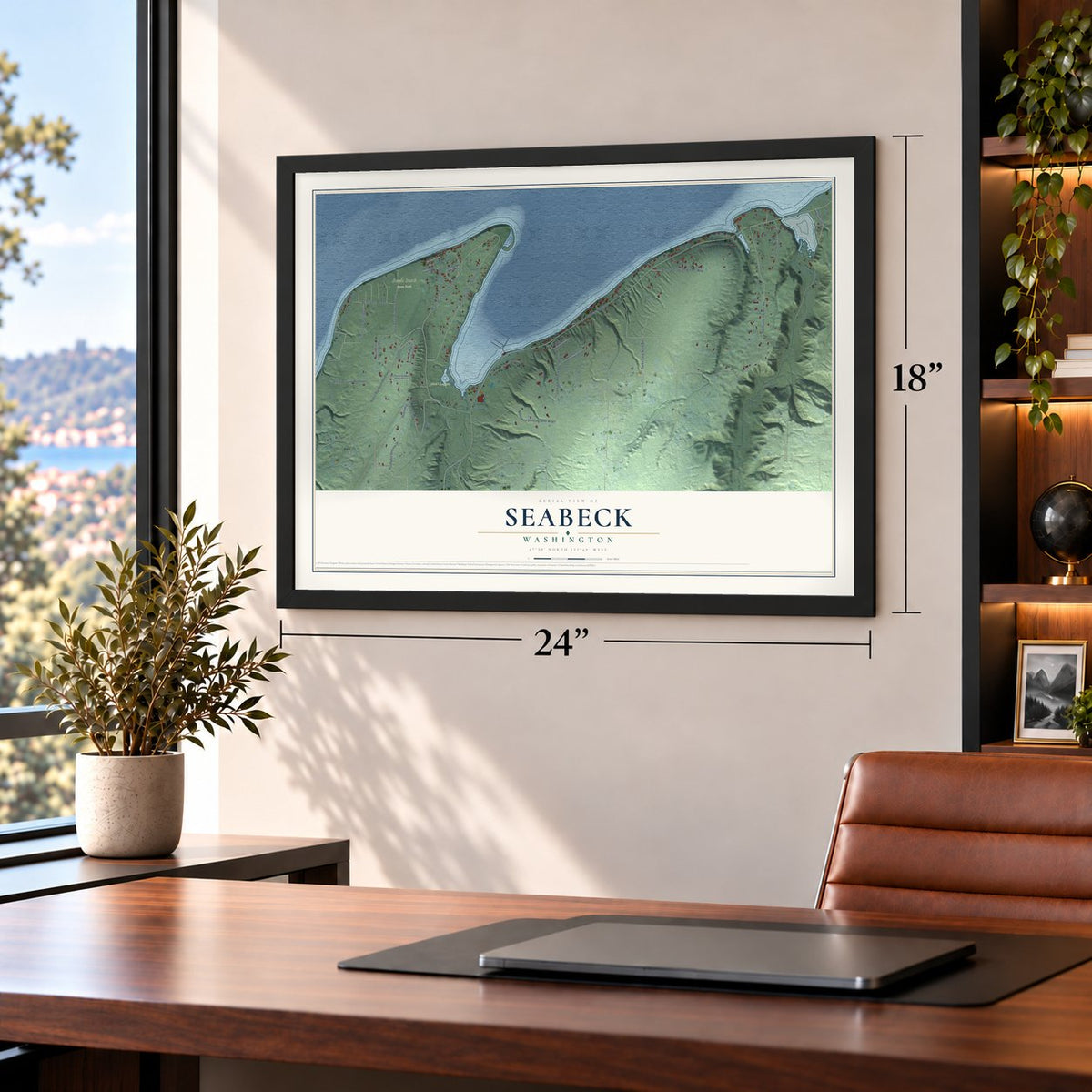 Seabeck, Washington map, 18 x 24 inch print in a black frame in a home office