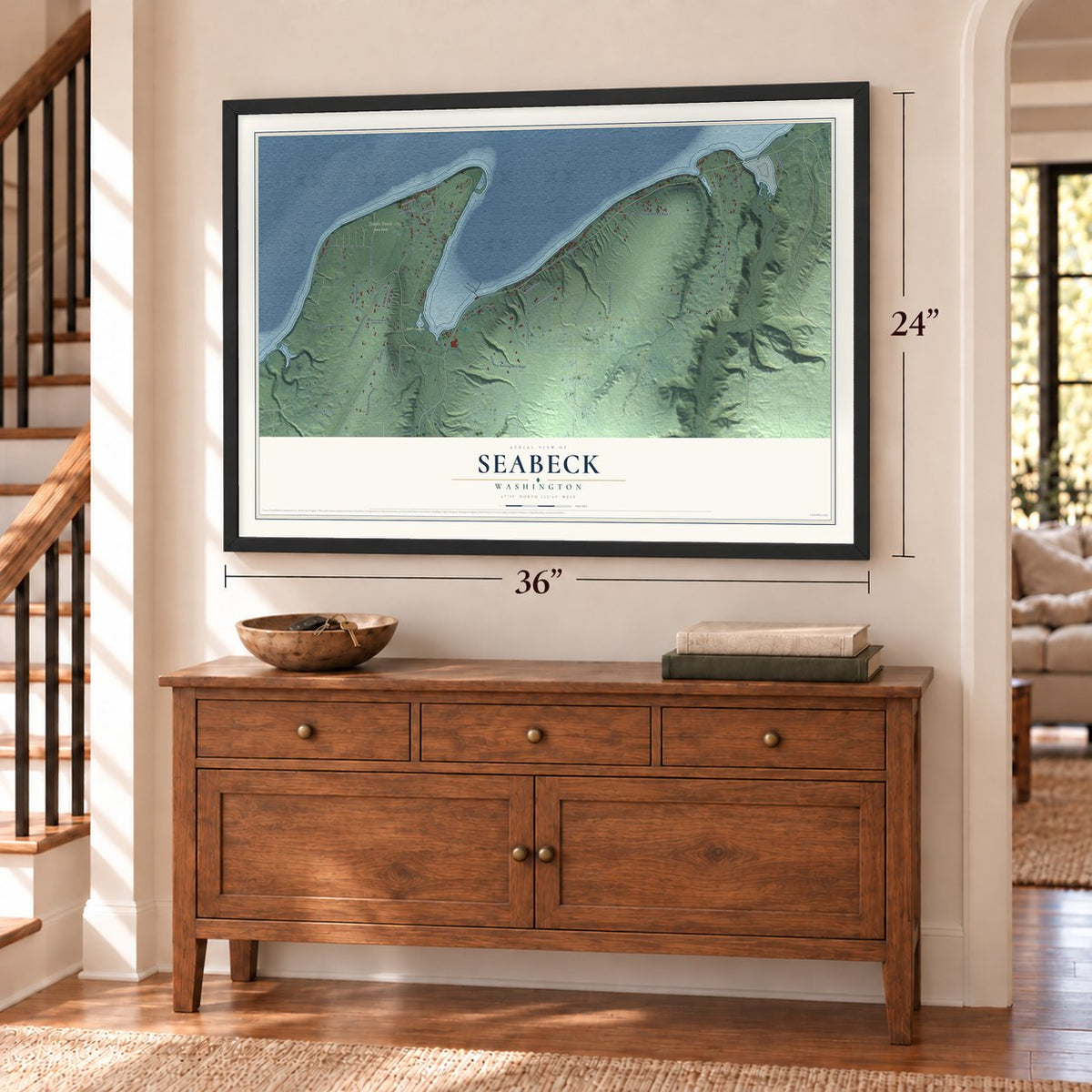 Seabeck, Washington map, 24 x 36 inch print in a black frame above a dresser by a staircase