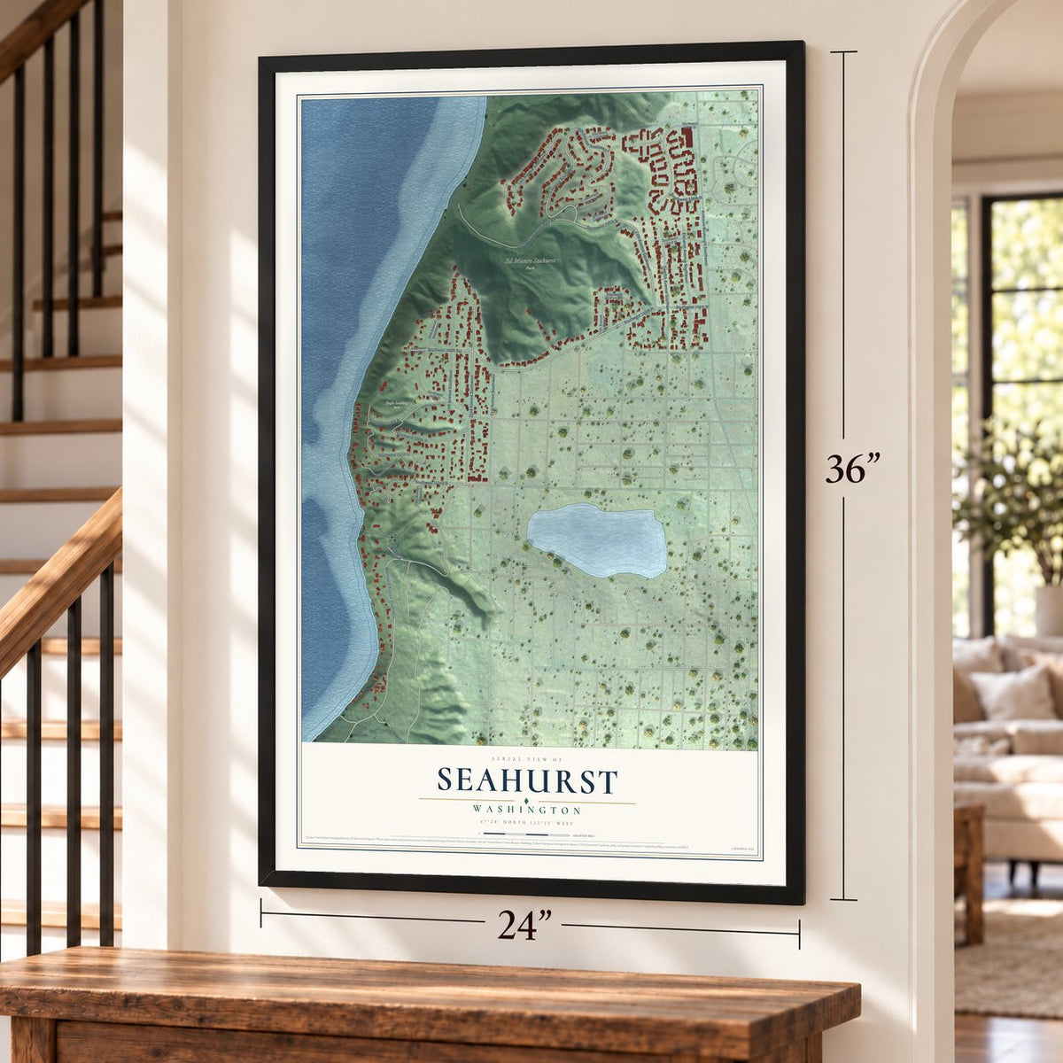 Seahurst, Washington map, 24 x 36 inch print in a black frame by a staircase