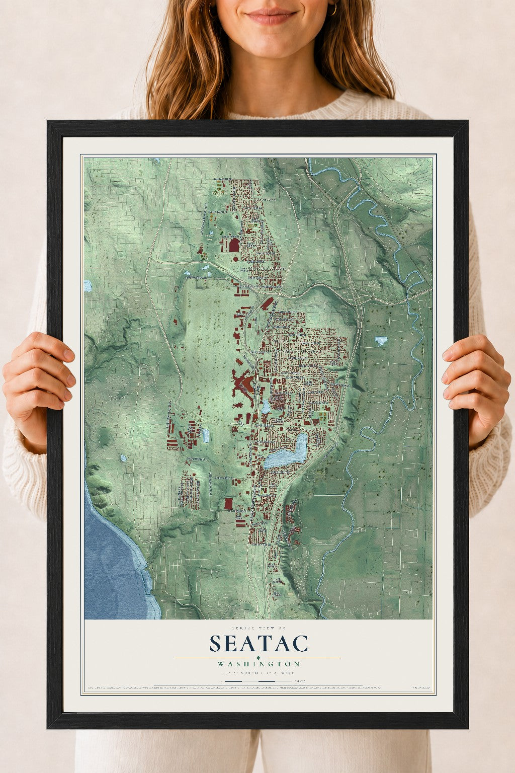 Map of SeaTac, Washington, 18 x 24 inch print in a black wood frame