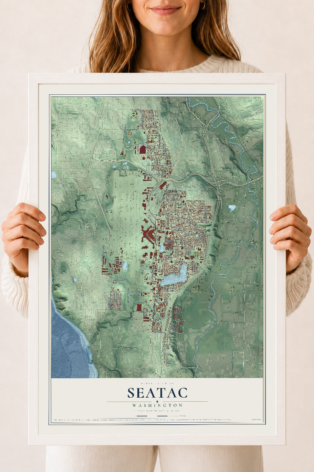 Map of SeaTac, Washington, 18 x 24 inch print in a white wood frame