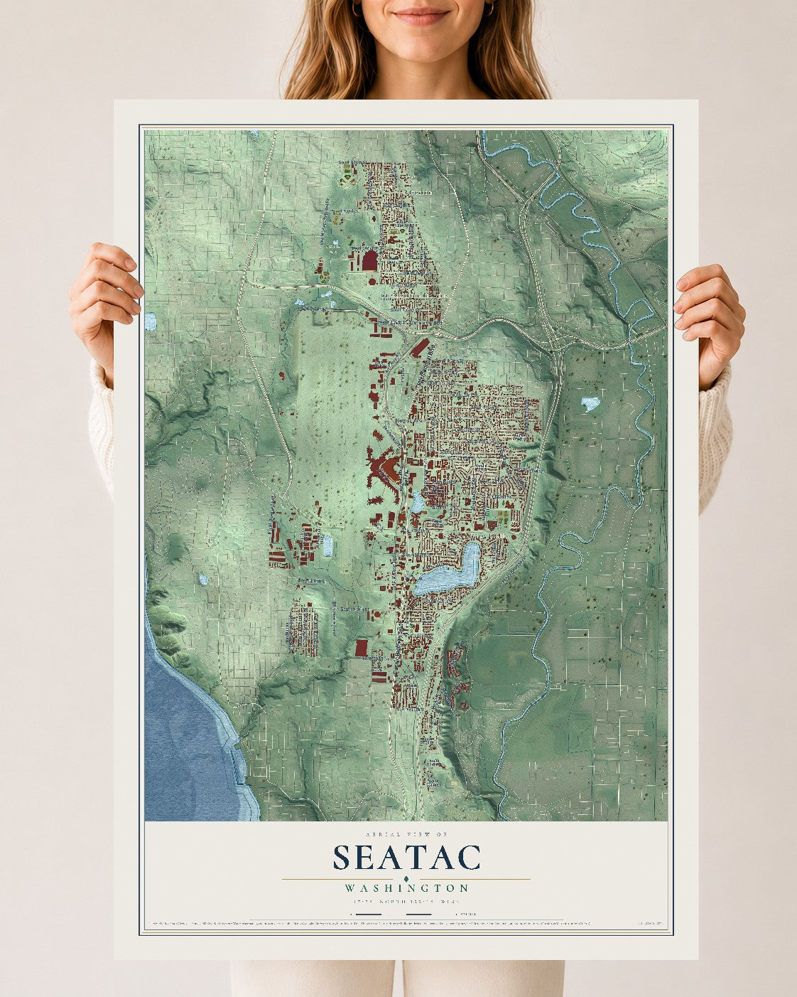 Map of SeaTac, Washington, 24 x 36 inch unframed archival matte print