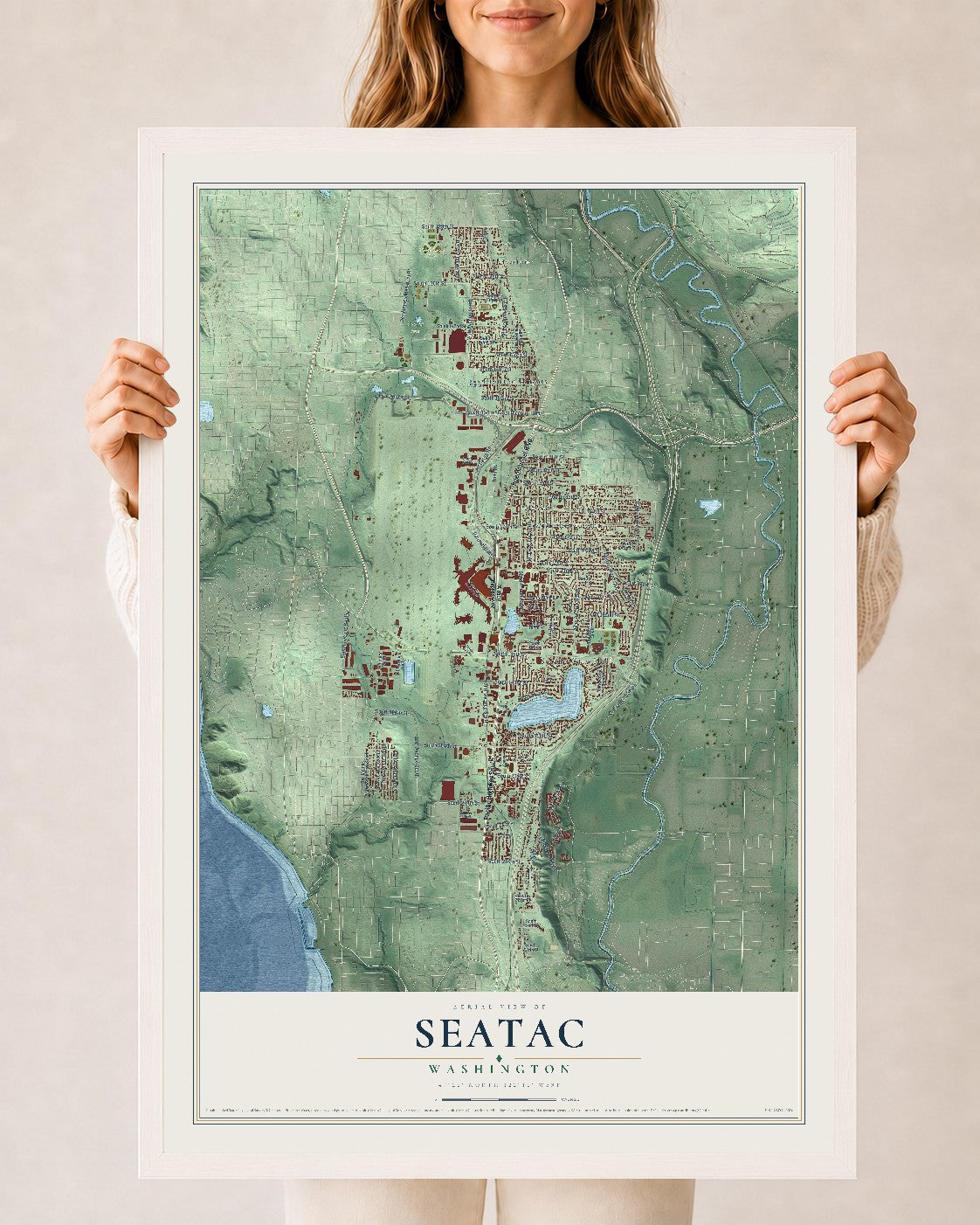 Map of SeaTac, Washington, 24 x 36 inch print in a white wood frame