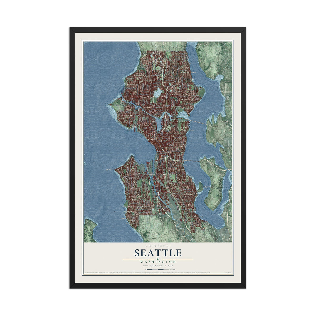 Map of Seattle, Washington, 12 x 18 inch print in a black wood frame