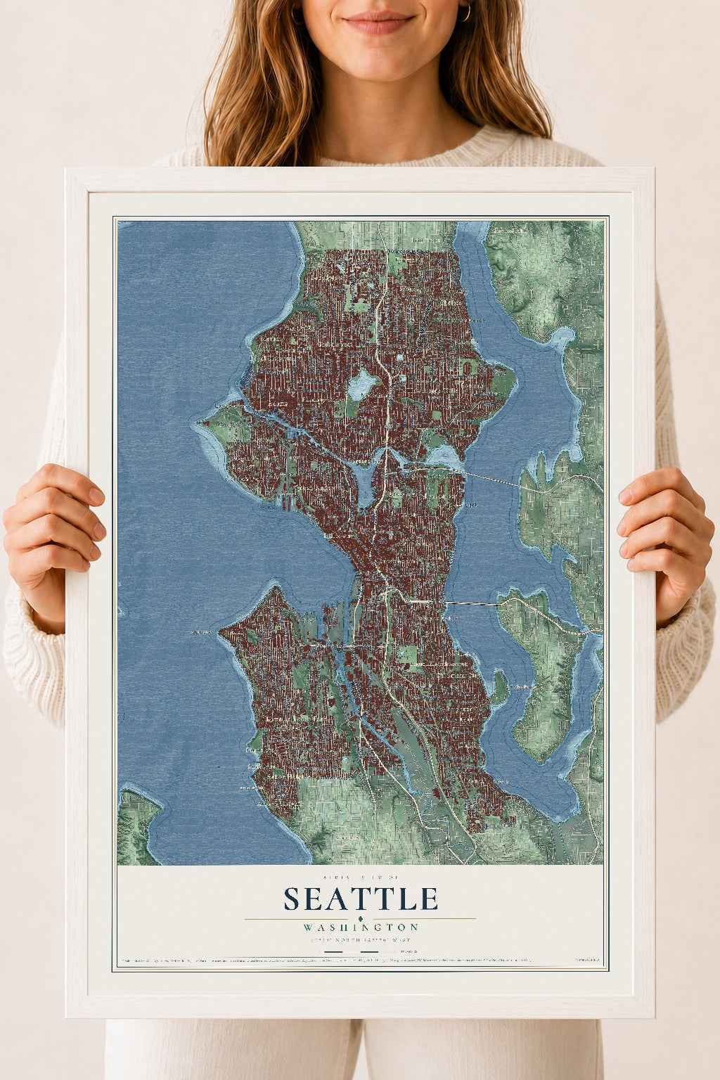 Map of Seattle, Washington, 18 x 24 inch print in a white wood frame