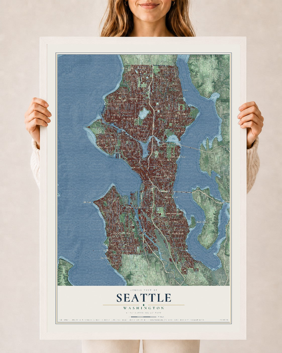 Map of Seattle, Washington, 24 x 36 inch print in a white wood frame