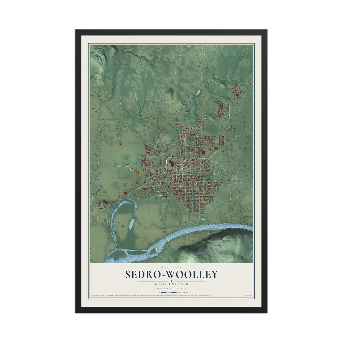 Map of Sedro-Woolley, Washington, 12 x 18 inch print in a black wood frame