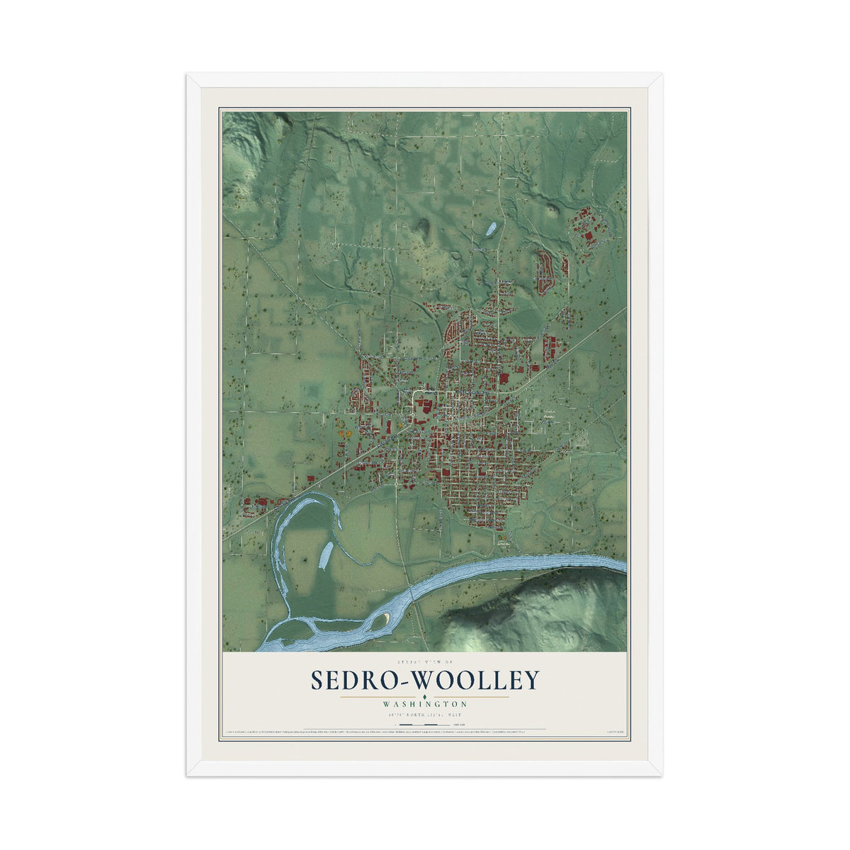 Map of Sedro-Woolley, Washington, 12 x 18 inch print in a white wood frame