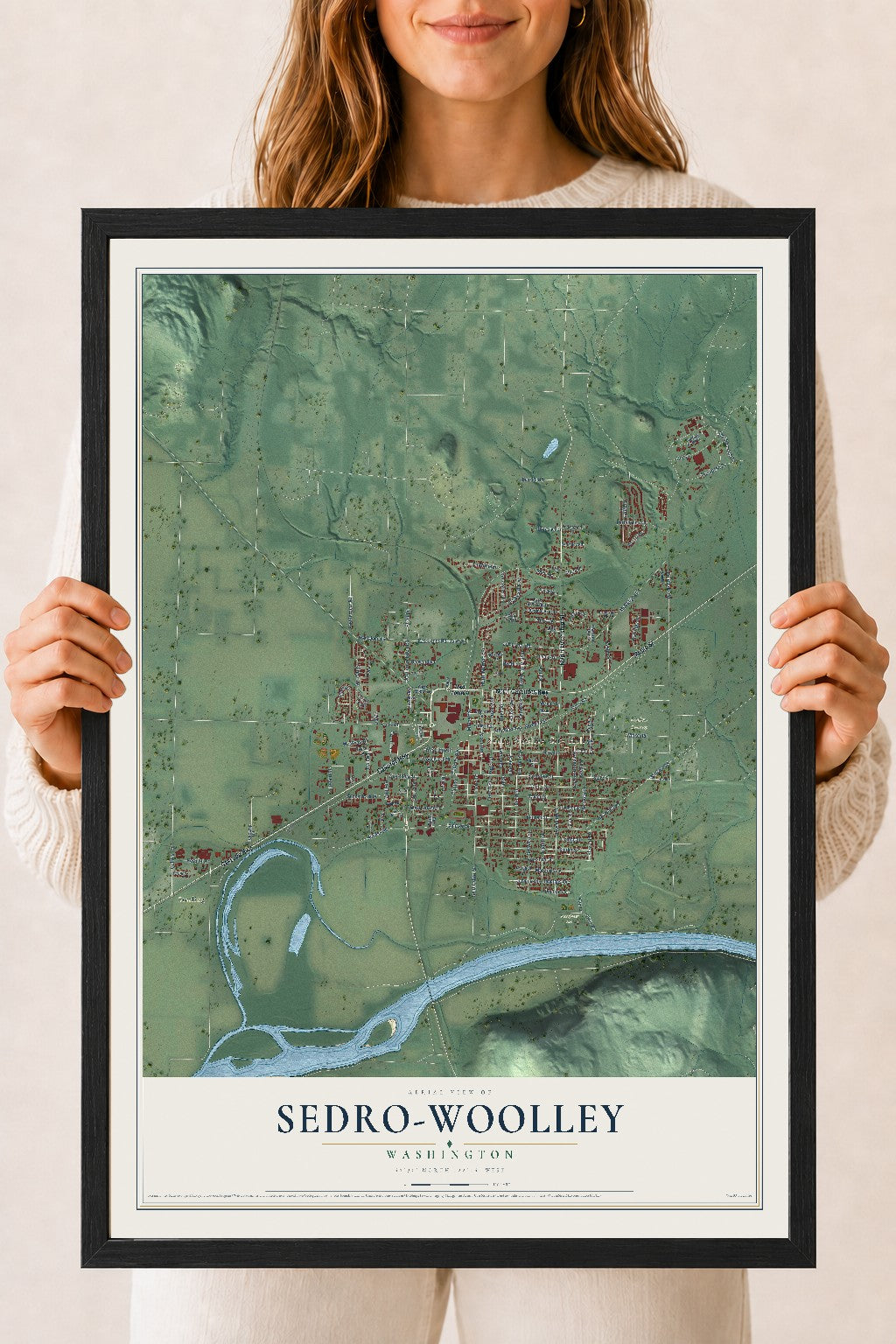 Map of Sedro-Woolley, Washington, 18 x 24 inch print in a black wood frame