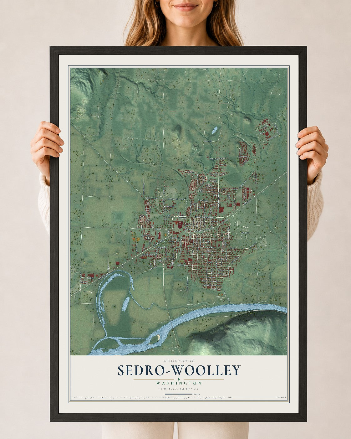 Map of Sedro-Woolley, Washington, 24 x 36 inch print in a black wood frame
