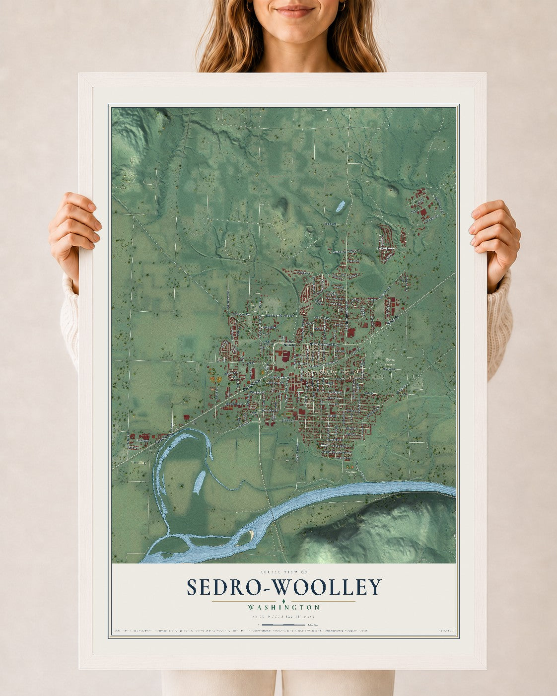 Map of Sedro-Woolley, Washington, 24 x 36 inch print in a white wood frame