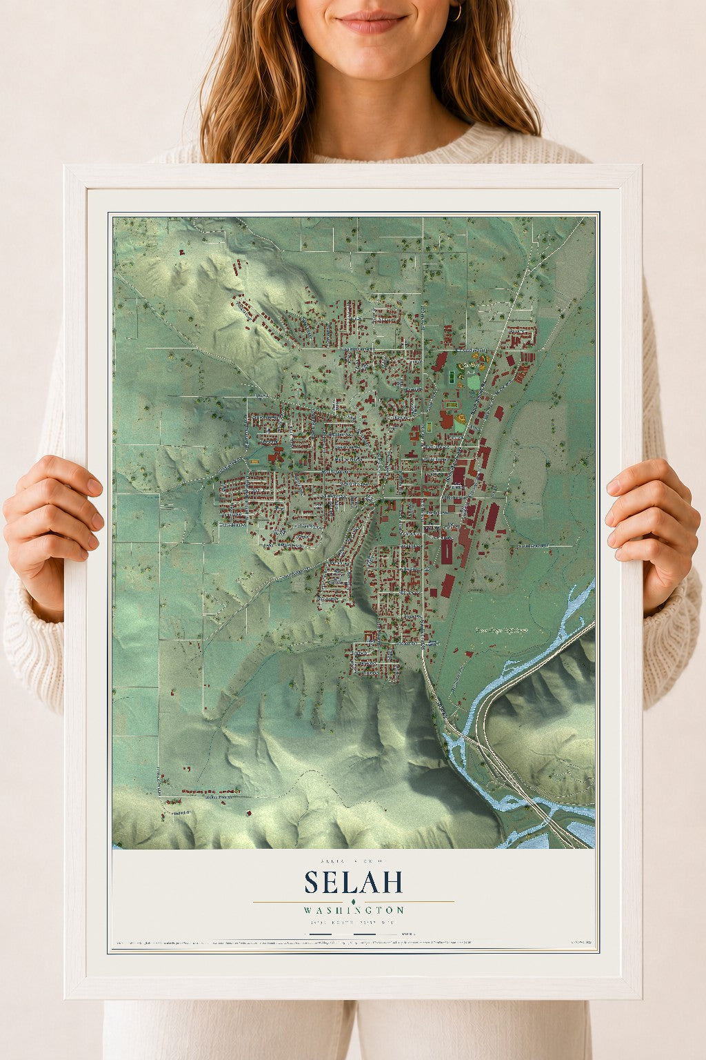 Map of Selah, Washington, 18 x 24 inch print in a white wood frame