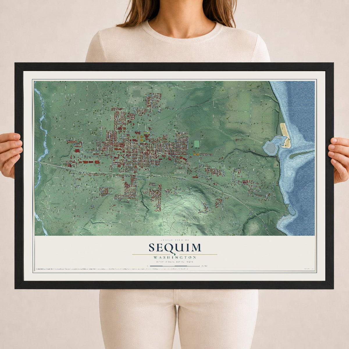 Map of Sequim, Washington, 18 x 24 inch print in a black wood frame