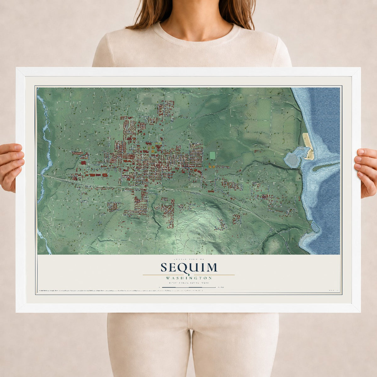 Map of Sequim, Washington, 18 x 24 inch print in a white wood frame
