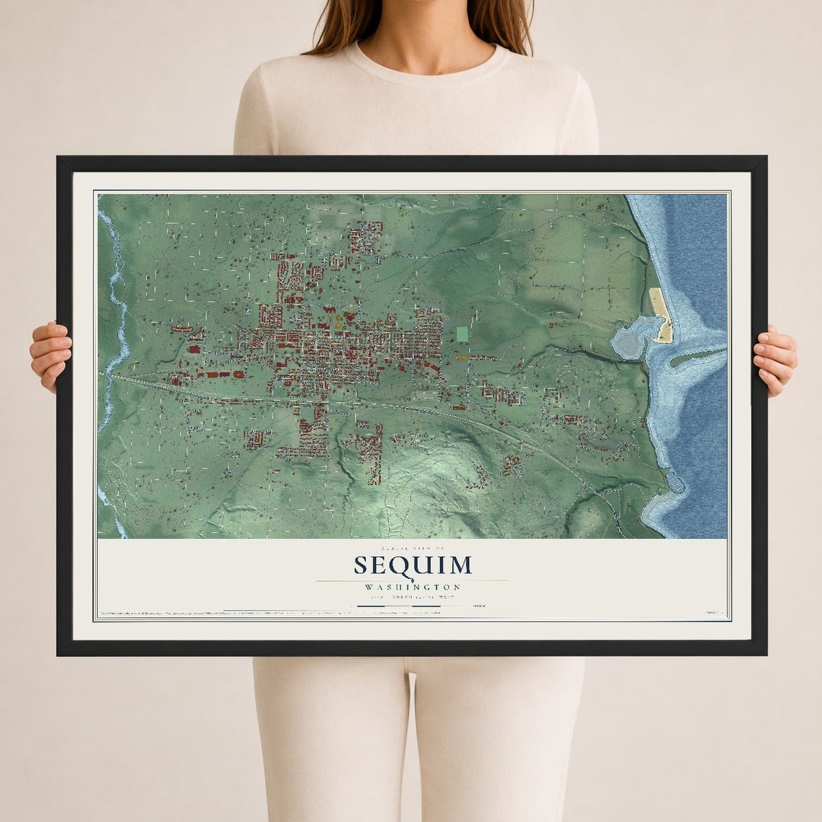 Map of Sequim, Washington, 24 x 36 inch print in a black wood frame