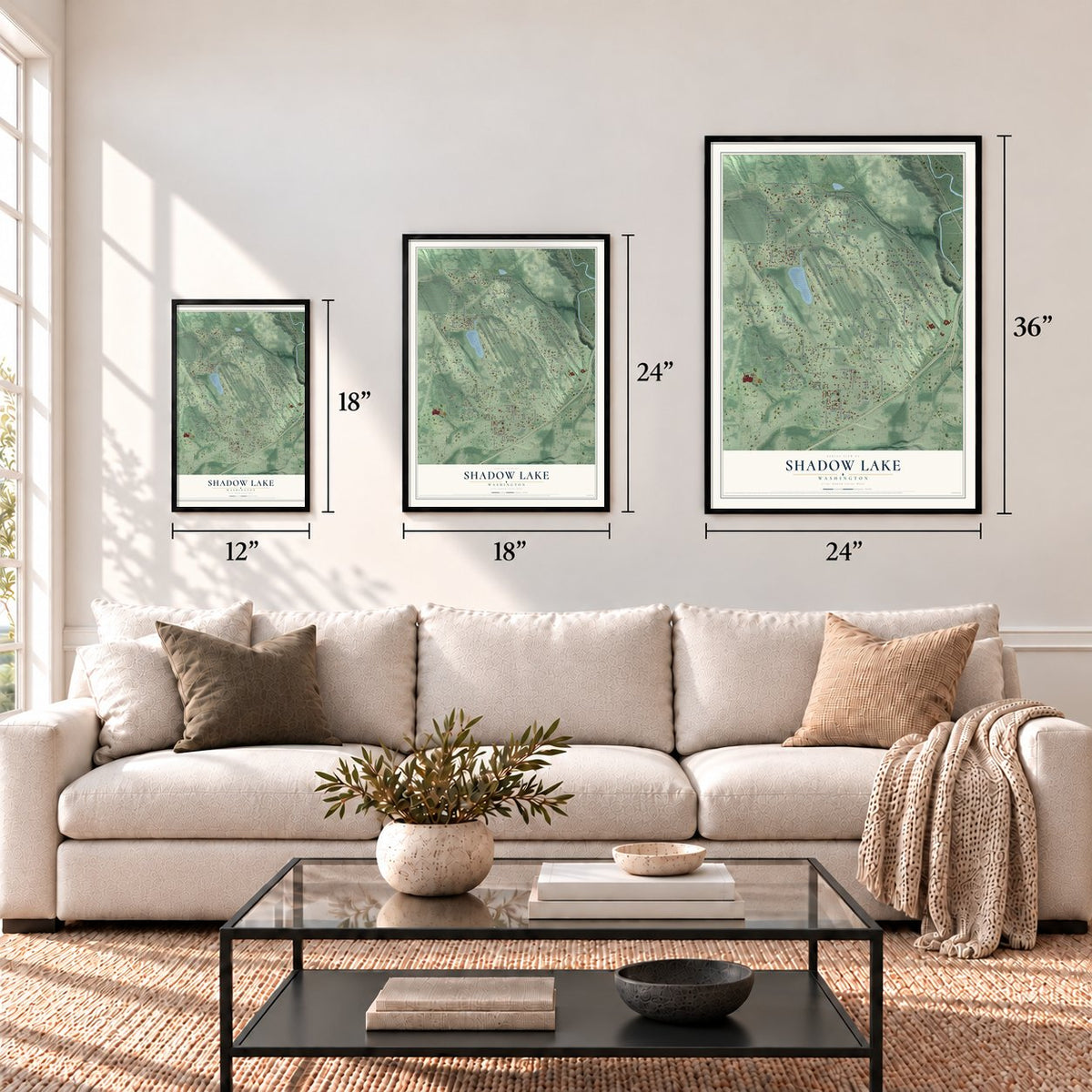 Shadow Lake, Washington map in 12 x 18, 18 x 24 and 24 x 36 inch sizes above a sofa