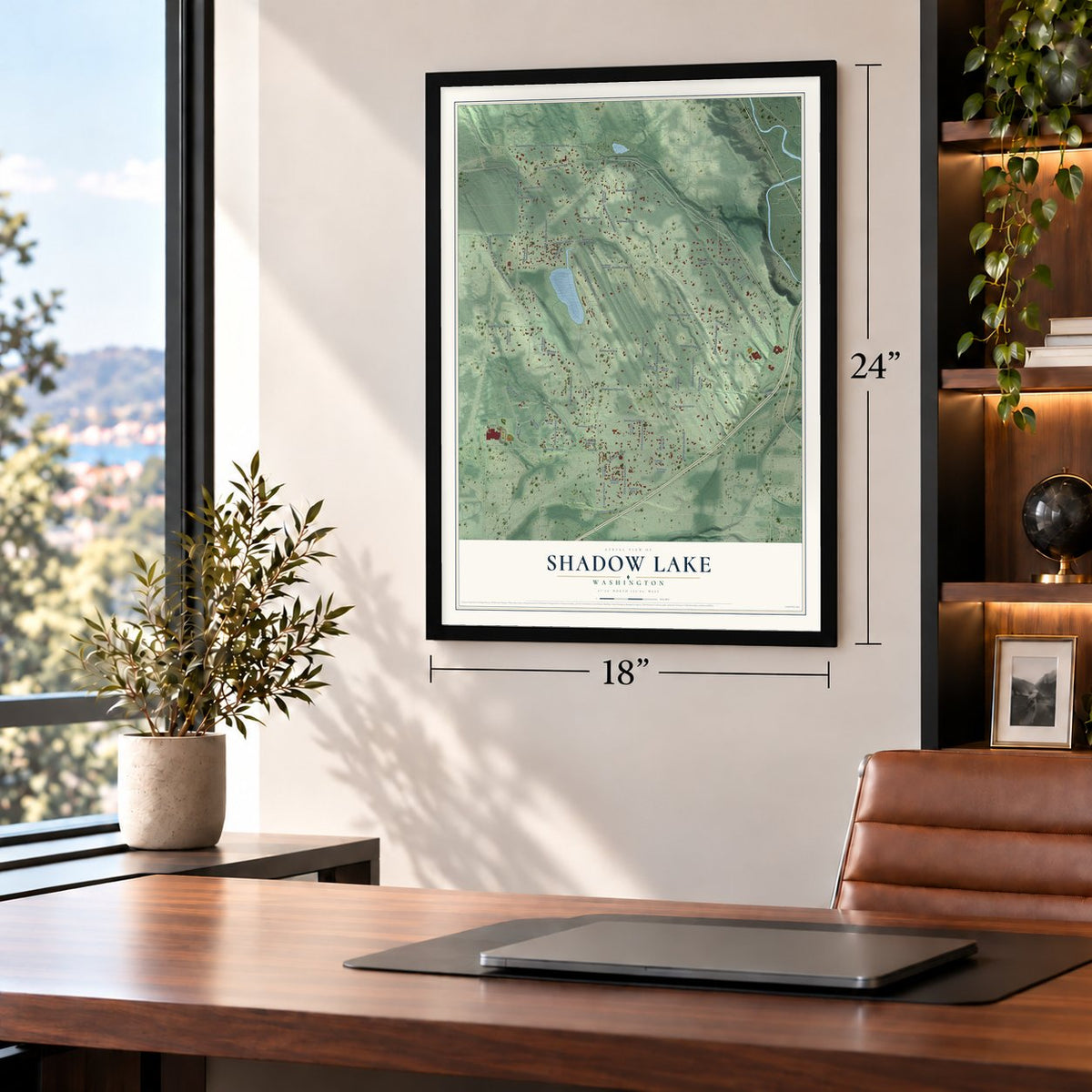 Shadow Lake, Washington map, 18 x 24 inch print in a black frame in a home office