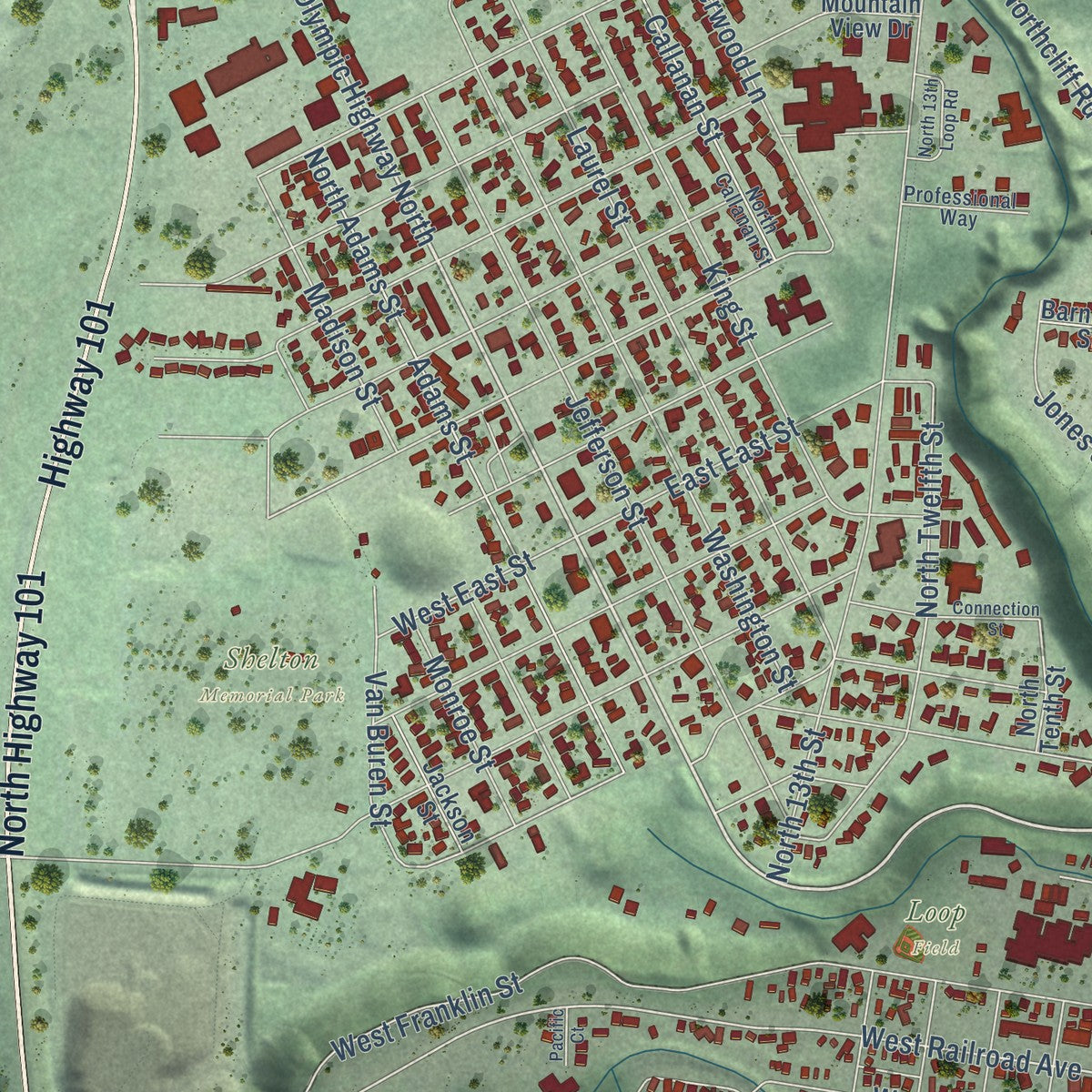 Close-up of the map of Shelton, Washington print showing street and building detail
