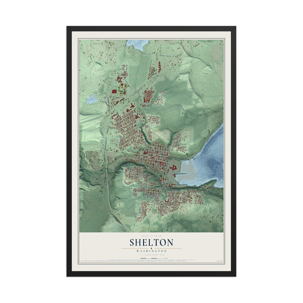 Map of Shelton, Washington, 12 x 18 inch print in a black wood frame