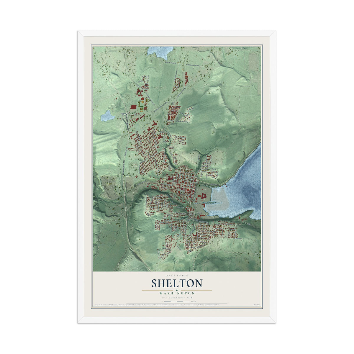 Map of Shelton, Washington, 12 x 18 inch print in a white wood frame