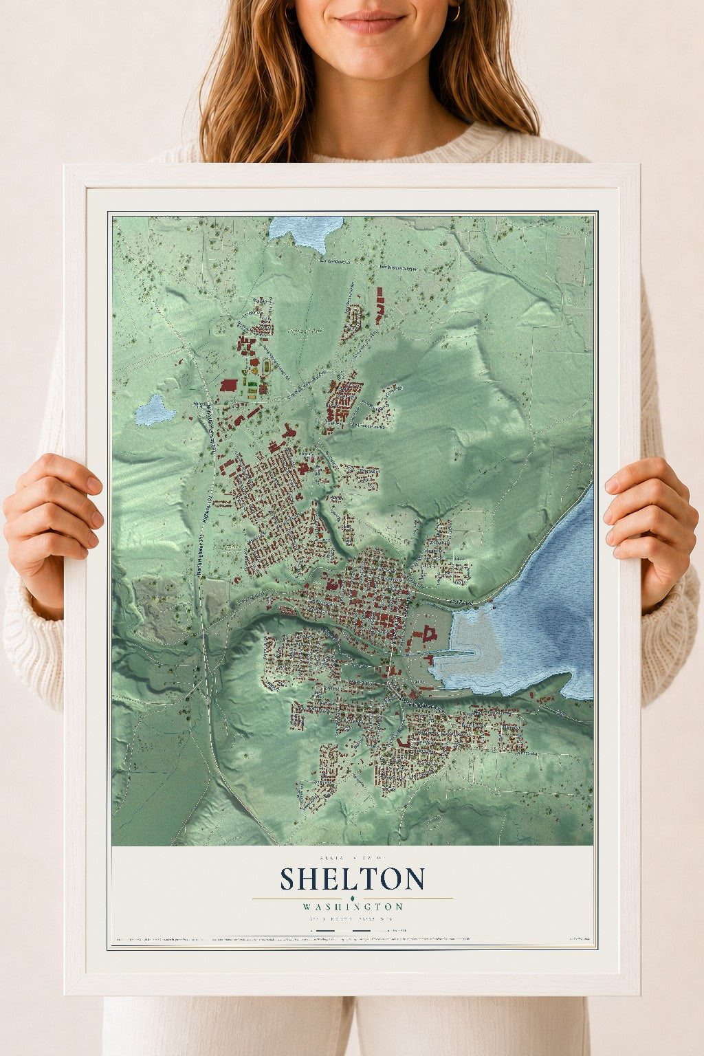 Map of Shelton, Washington, 18 x 24 inch print in a white wood frame