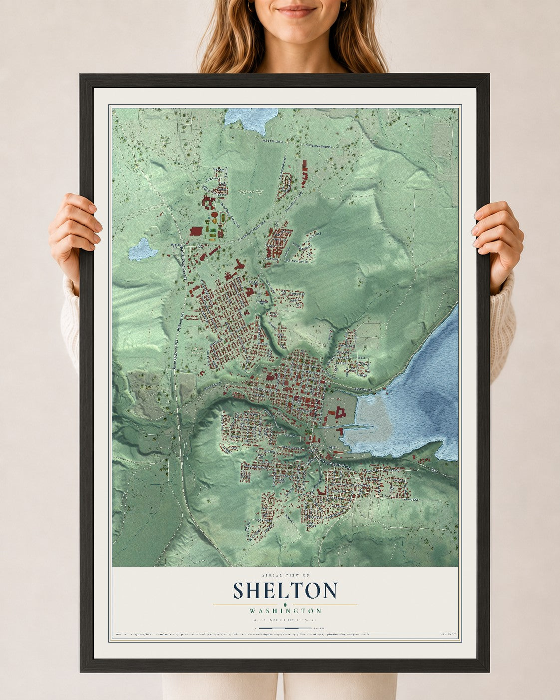 Map of Shelton, Washington, 24 x 36 inch print in a black wood frame