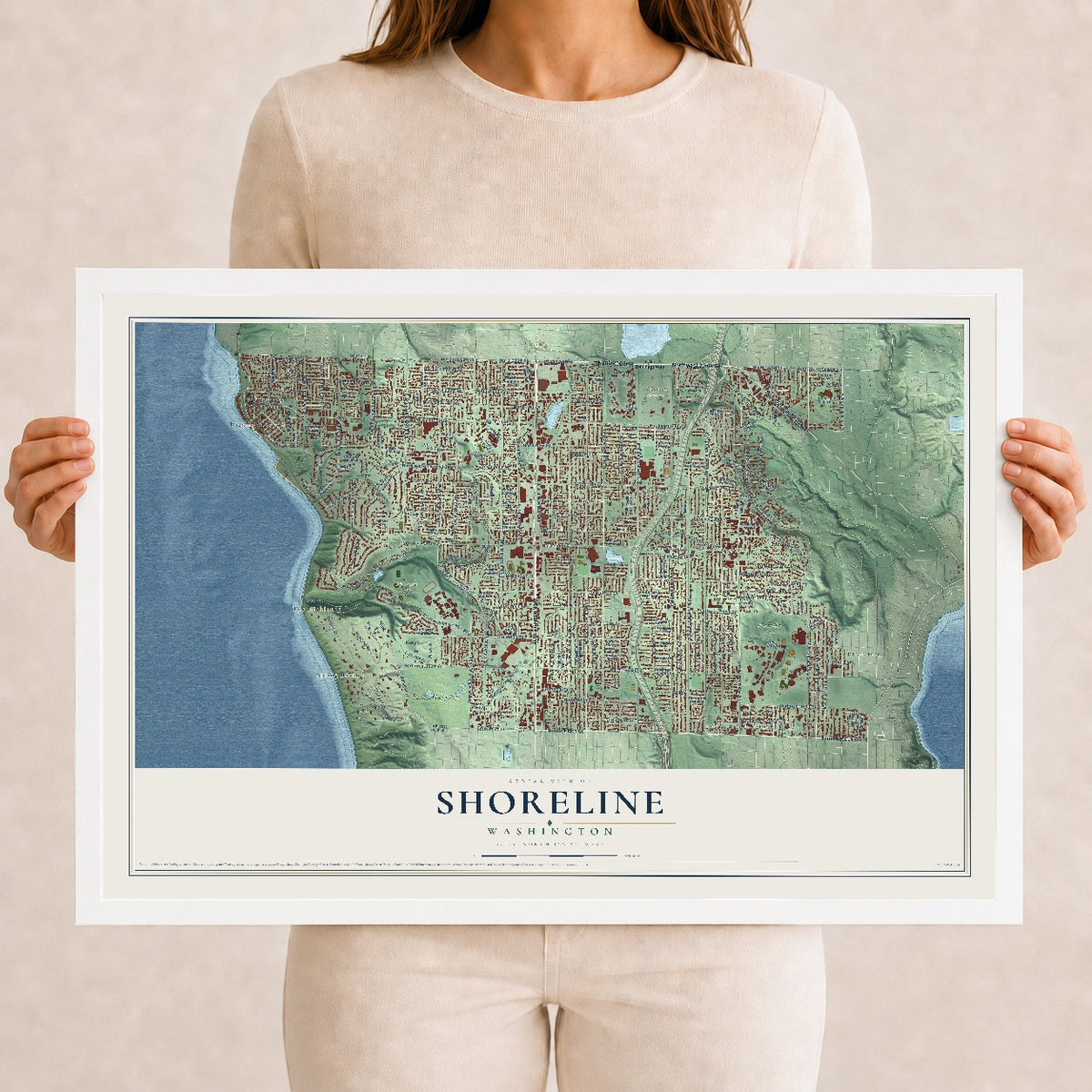 Map of Shoreline, Washington, 12 x 18 inch print in a white wood frame