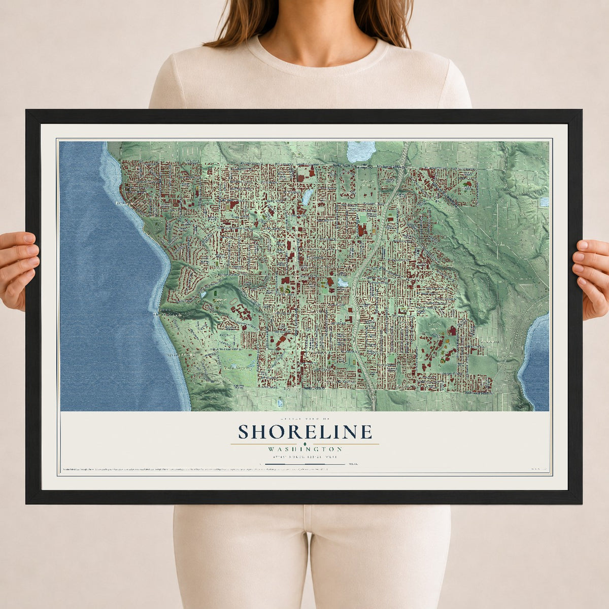 Map of Shoreline, Washington, 18 x 24 inch print in a black wood frame
