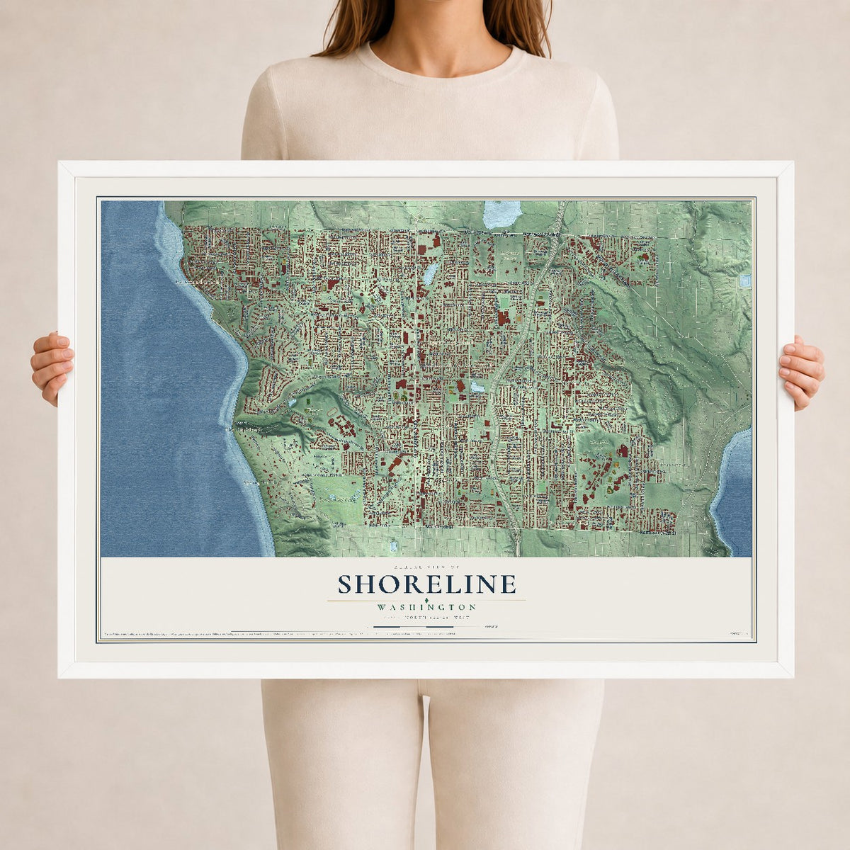 Map of Shoreline, Washington, 24 x 36 inch print in a white wood frame