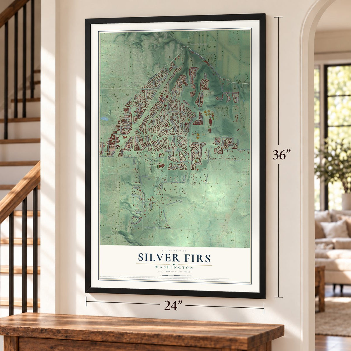 Silver Firs, Washington map, 24 x 36 inch print in a black frame by a staircase