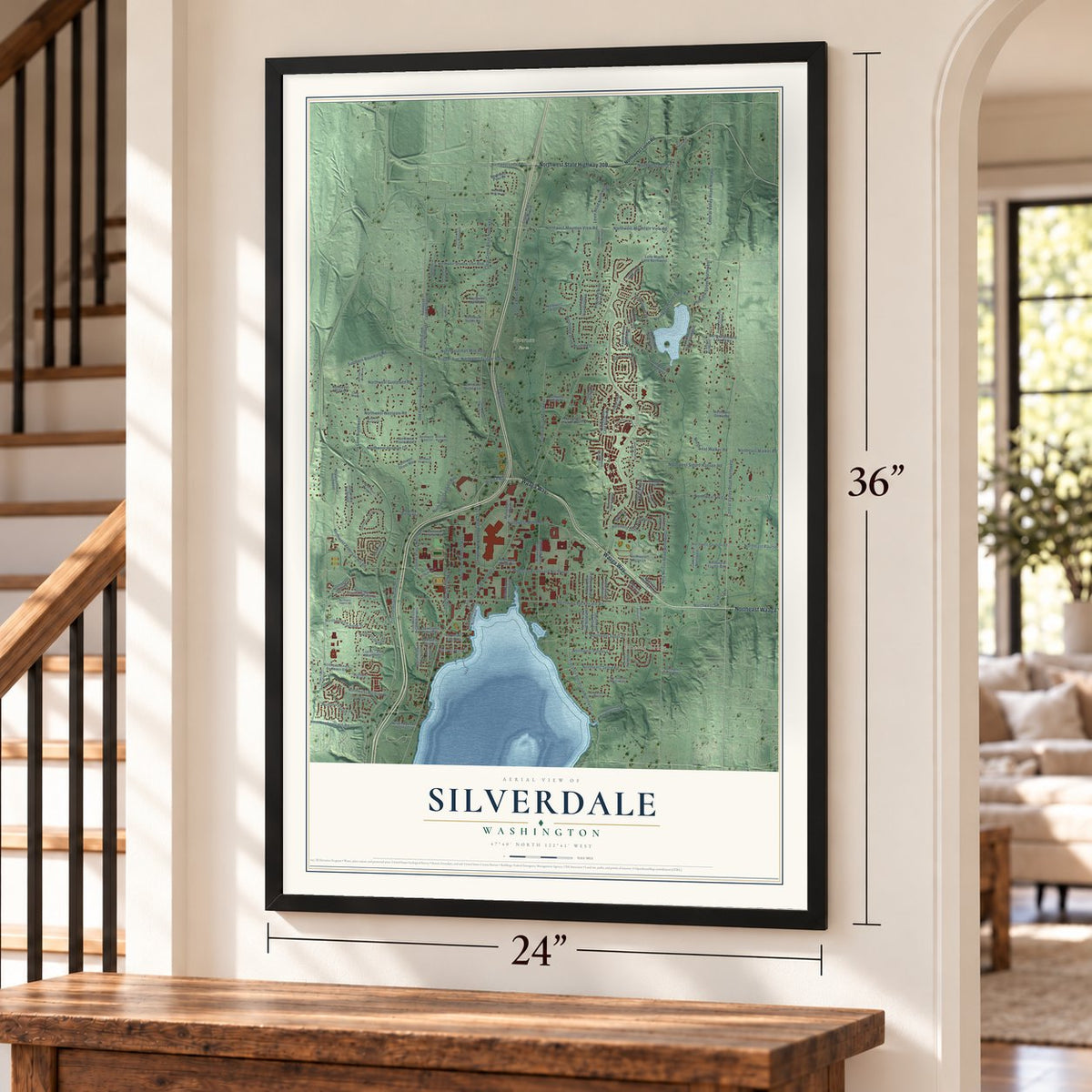 Silverdale, Washington map, 24 x 36 inch print in a black frame by a staircase