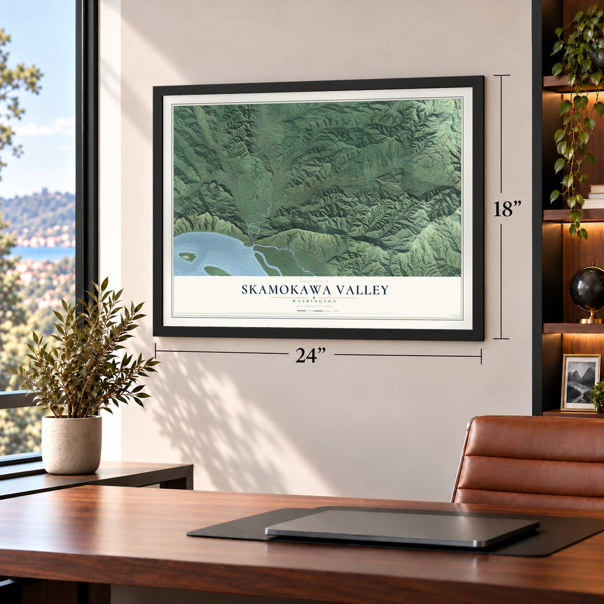 Skamokawa Valley, Washington map, 18 x 24 inch print in a black frame in a home office