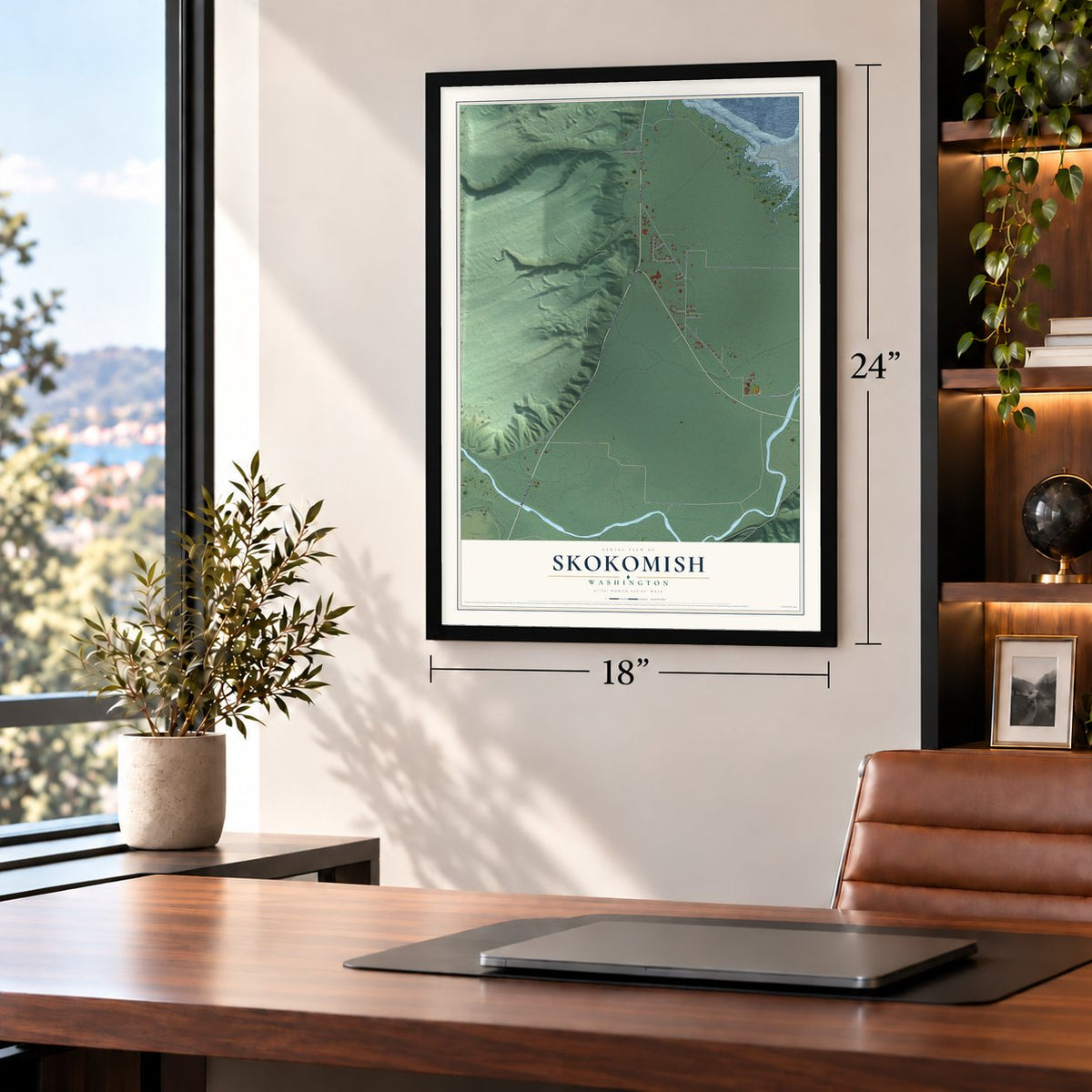 Skokomish, Washington map, 18 x 24 inch print in a black frame in a home office