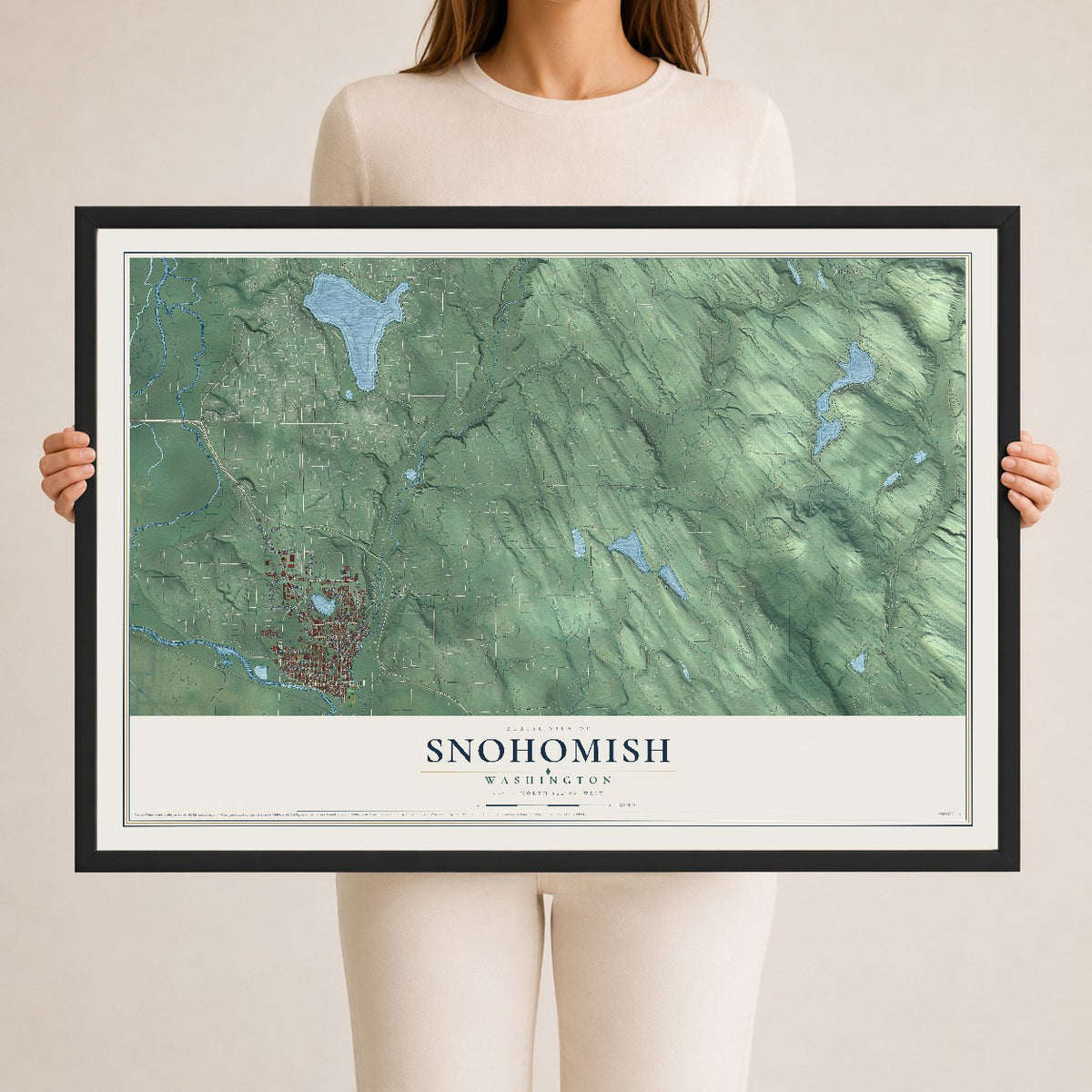 Map of Snohomish, Washington, 24 x 36 inch print in a black wood frame