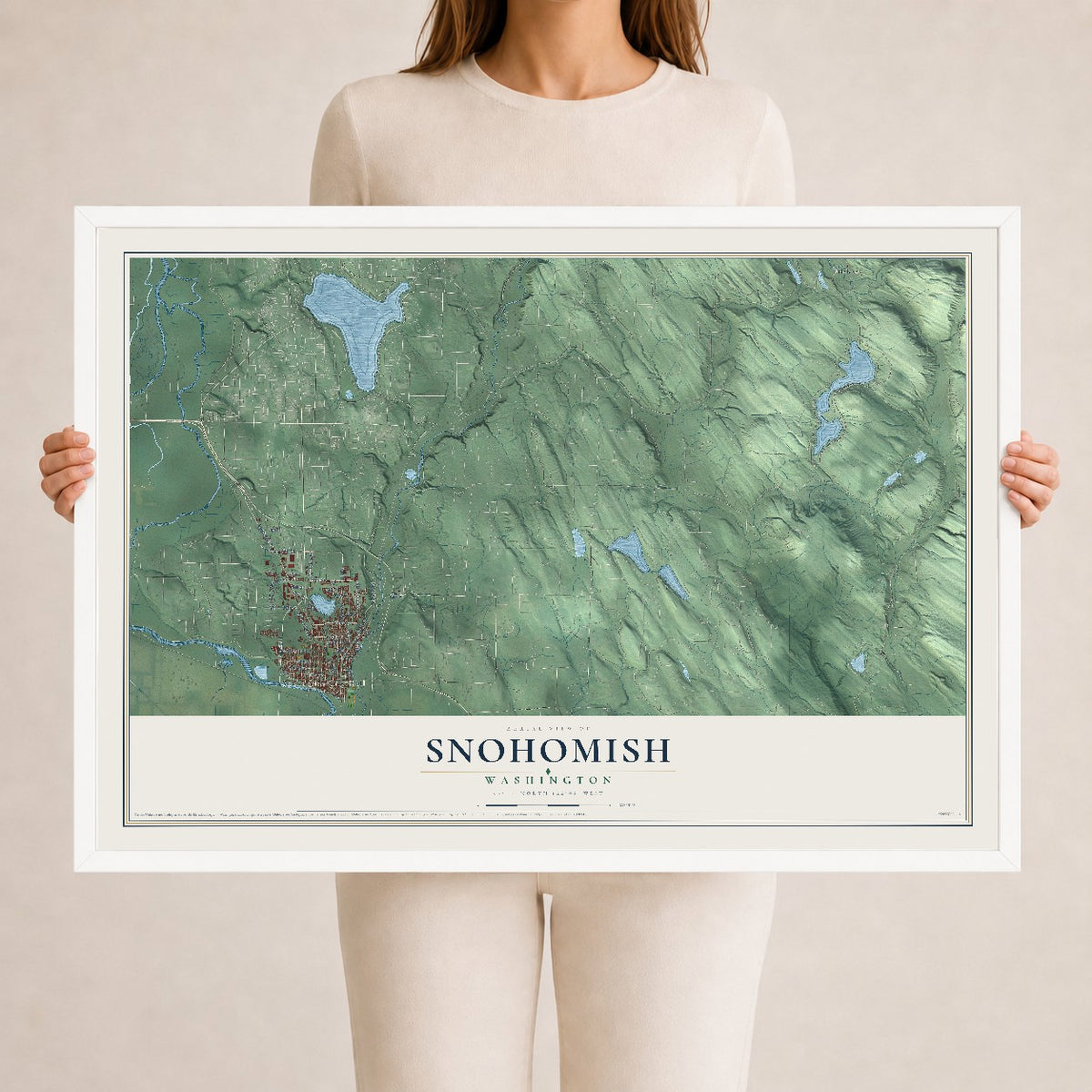 Map of Snohomish, Washington, 24 x 36 inch print in a white wood frame