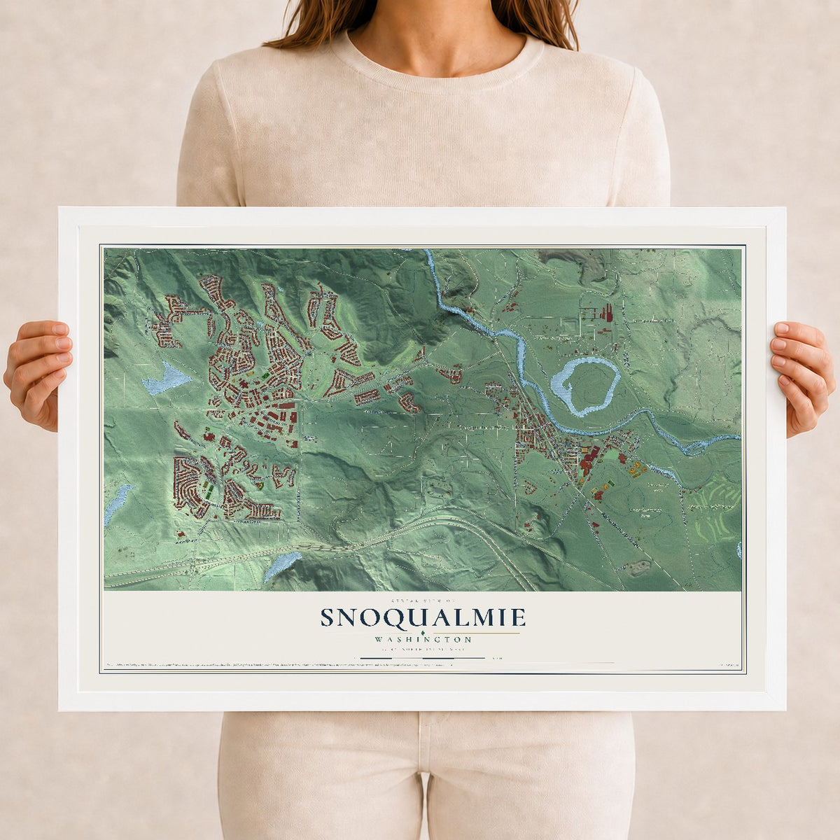 Map of Snoqualmie, Washington, 12 x 18 inch print in a white wood frame