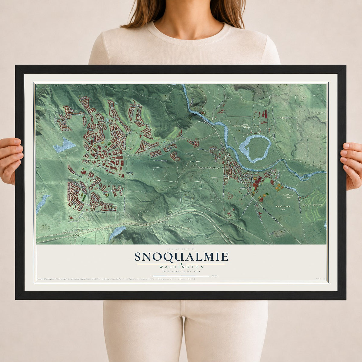 Map of Snoqualmie, Washington, 18 x 24 inch print in a black wood frame