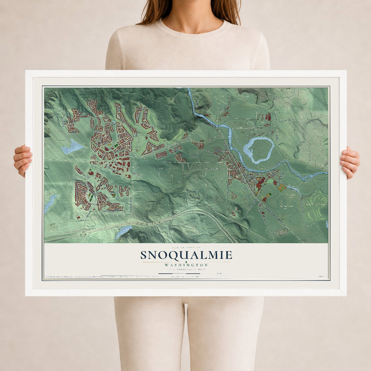 Map of Snoqualmie, Washington, 24 x 36 inch print in a white wood frame