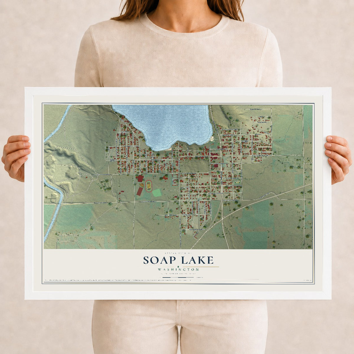 Map of Soap Lake, Washington, 12 x 18 inch print in a white wood frame