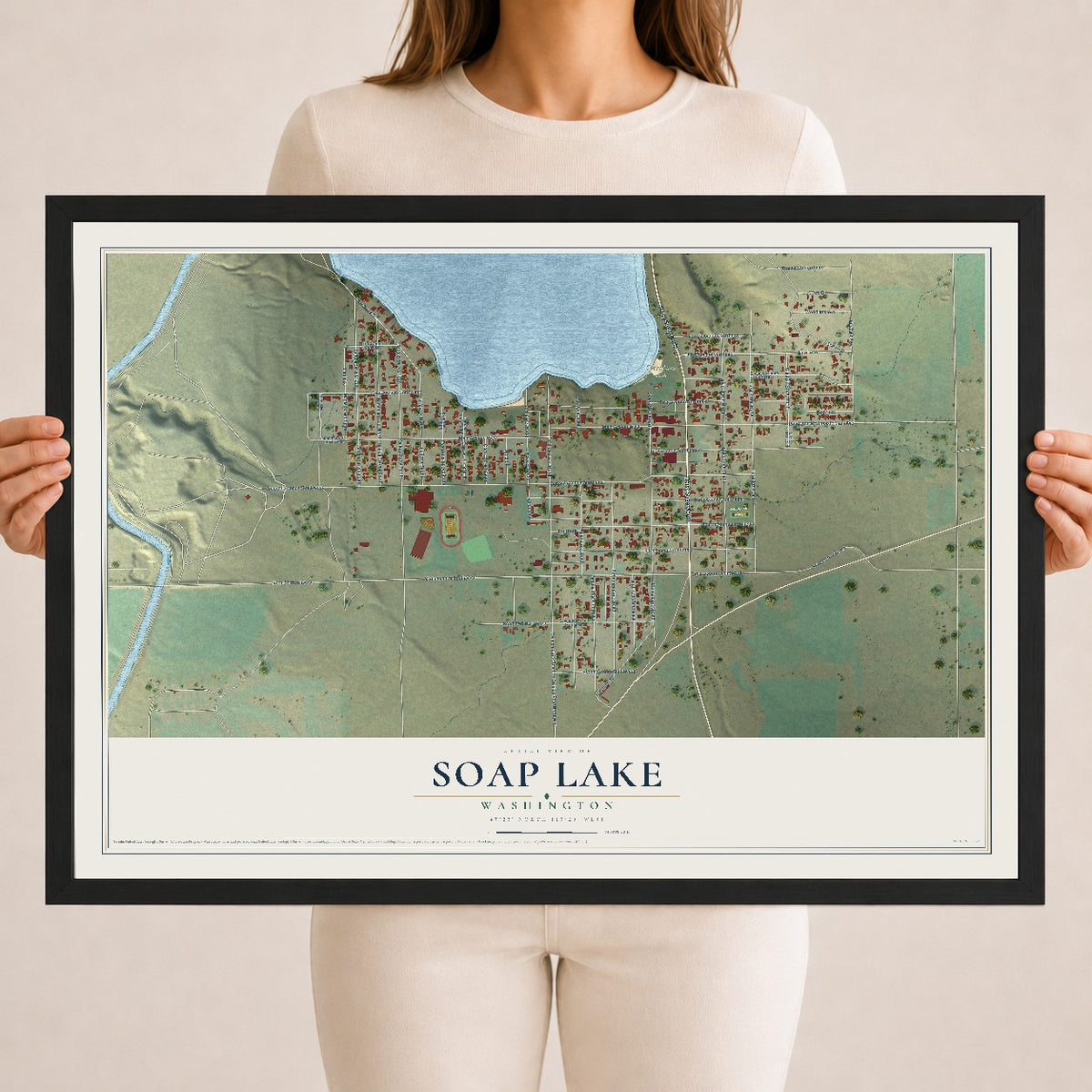 Map of Soap Lake, Washington, 18 x 24 inch print in a black wood frame