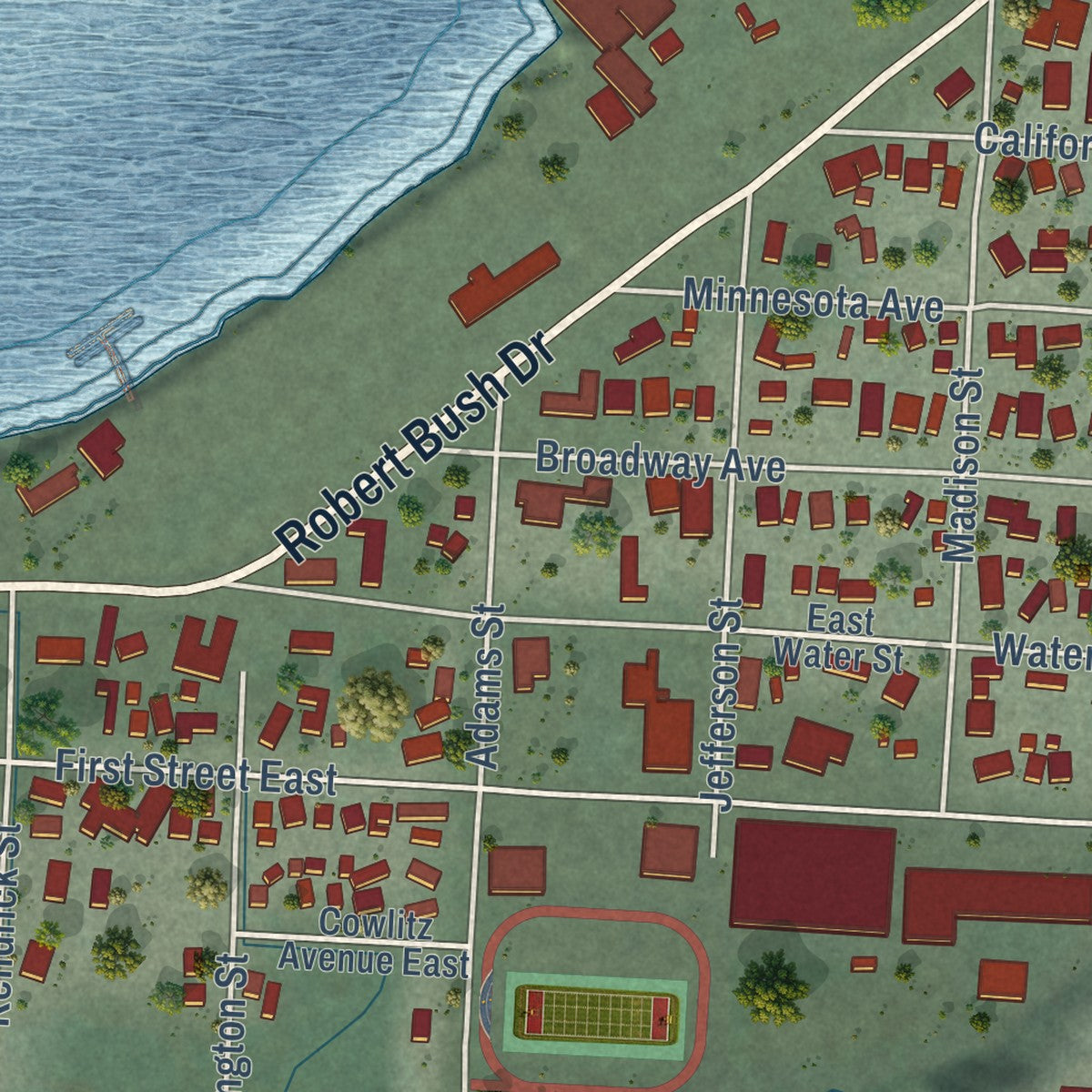 Close-up of the map of South Bend, Washington print showing street and building detail