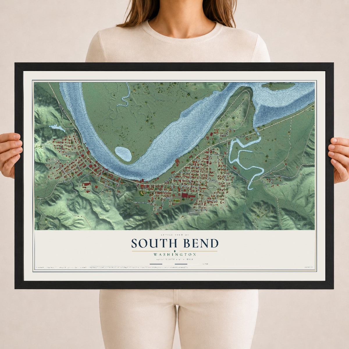 Map of South Bend, Washington, 18 x 24 inch print in a black wood frame