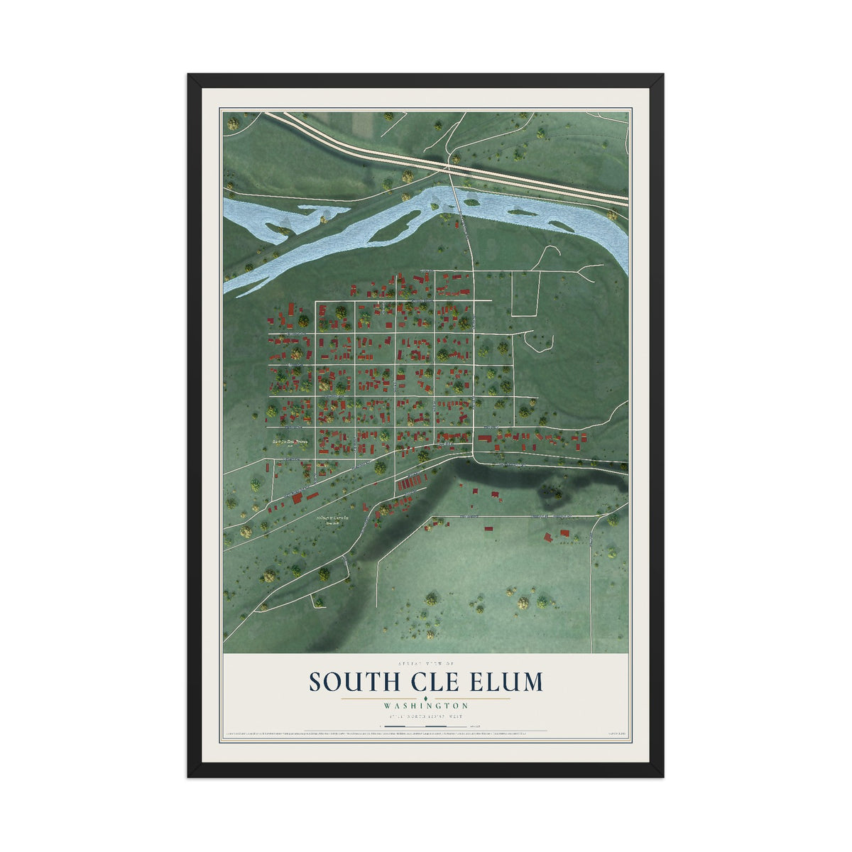 Map of South Cle Elum, Washington, 12 x 18 inch print in a black wood frame
