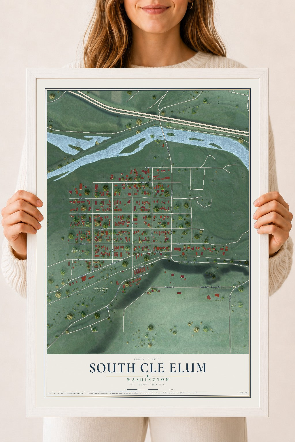 Map of South Cle Elum, Washington, 18 x 24 inch print in a white wood frame