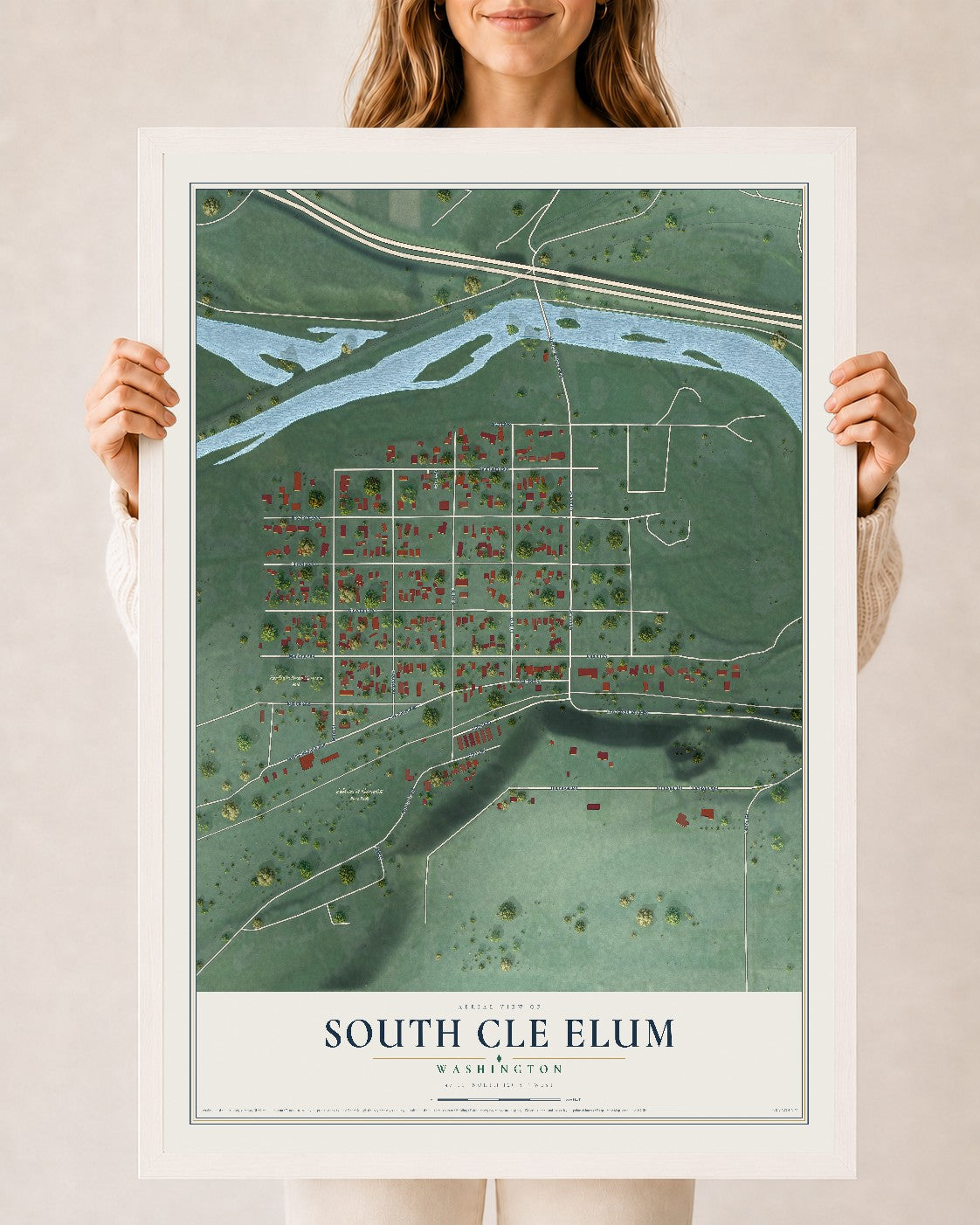 Map of South Cle Elum, Washington, 24 x 36 inch print in a white wood frame