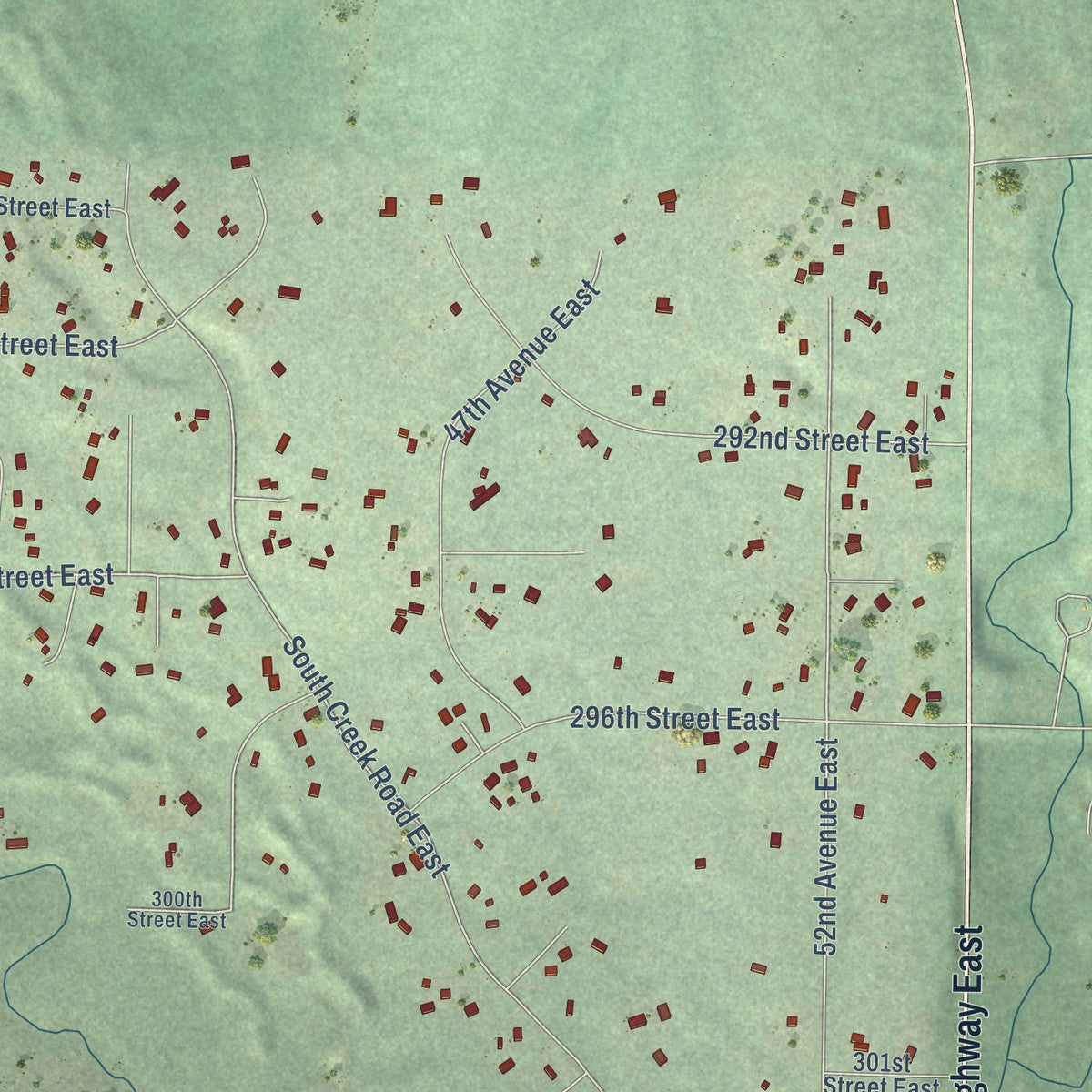 Close-up of the map of South Creek, Washington print showing street and building detail
